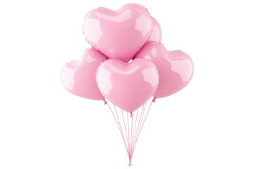 A cluster of shiny pink heart-shaped balloons floating against white transparent background, symbolizing love and celebration of Valentine Day