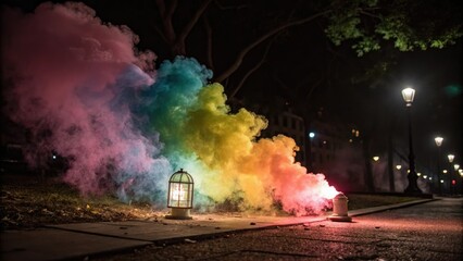 Obraz premium Vibrant colored smoke swirling around a glowing light source, design, abstract, glowing