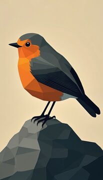 Geometric visual art of robin bird perched on rock. Orange, black, grey colors. Modern polygonal illustration, wildlife theme. Perfect for graphic design, prints, posters, decor, backgrounds.