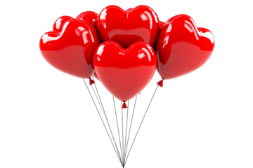 A cluster of shiny red heart-shaped balloons floating against white transparent background, symbolizing love and celebration of Valentine Day