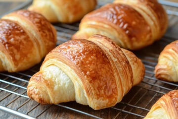 Freshly baked croissants on a cooling rack. Concept of breakfast, bakery, and pastry.