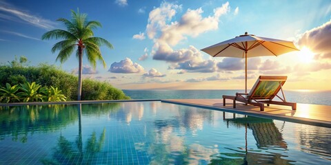 Naklejka premium Tranquil Poolside Escape: 3D Render of Relaxing Beach Chair and Umbrella by Pool