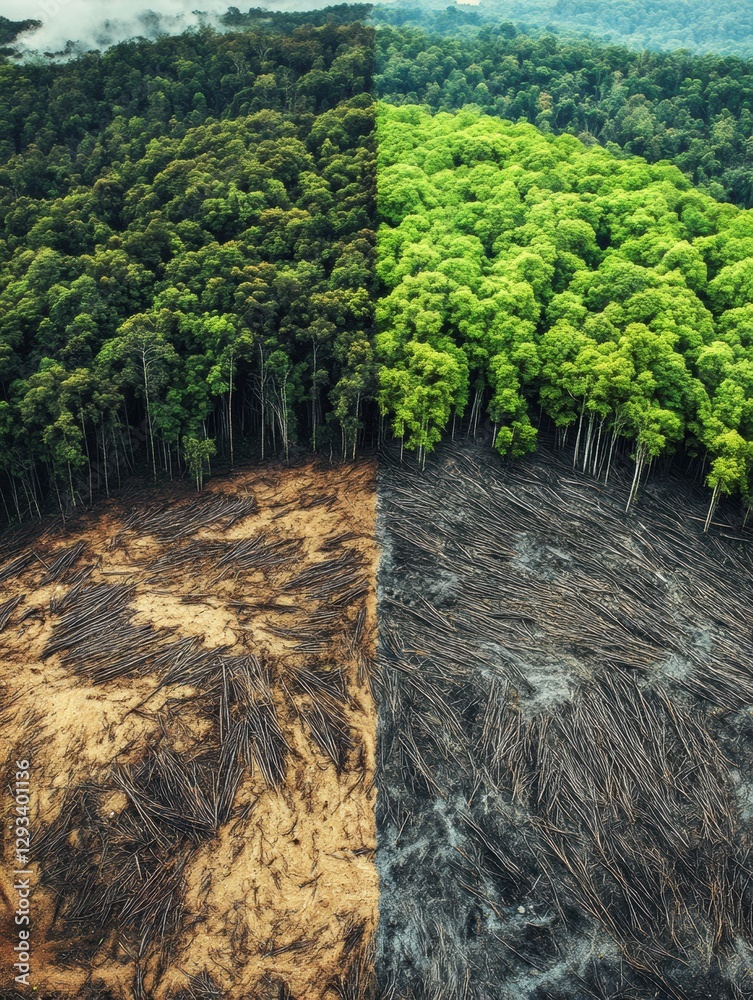 Aufkleber Deforestation impact comparison with flourishing forest conservation efforts in a diverse ecosystem. Generative AI