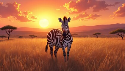 Obraz premium Zebra in african landscape illustration. Wild animal standing in golden savanna grass in sunset light. Mountains silhouettes on horizon. Travel adventure background with safari fauna.