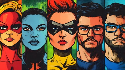 Superhero Team Portrait: Bold, Vibrant Comic Book Style Artwork