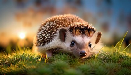 Fototapeta premium Adorable Young Hedgehog in Lush Indonesian Grassland A Delicate Portrait of Natures Miniature Marvel Amidst the Verdant Tapestry of the Eastern Archipelago.