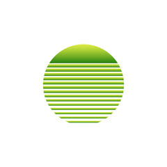 A circular retro sun design featuring green and yellow geometric lines, capturing the vibrant aesthetic of the eighties and nineties.