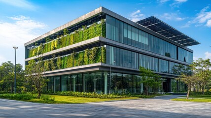Obraz premium Modern sustainable office building with green facade and solar panels. Net zero and carbon neutral concept