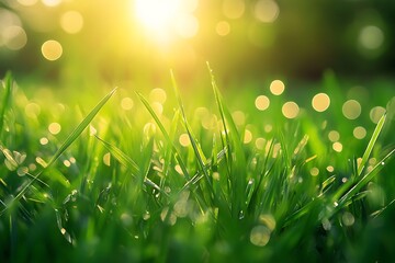 Fototapeta premium Close-Up of Fresh Green Grass in Warm Golden Sunlight with Dreamy Bokeh