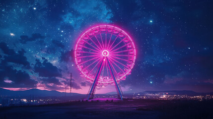 Pink Ferris Wheel Under Starry Night - Retro-futurism
