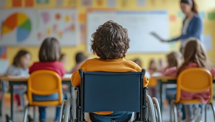 Obraz premium A Young Boy in a Wheelchair Participates in a Classroom Setting at Elementary School, Engaging with Teacher and Peers in a Vibrant Educational Environment