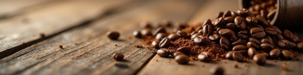 Naklejka premium Warm coffee grains scattered on wooden table surface, tablecloth, wood