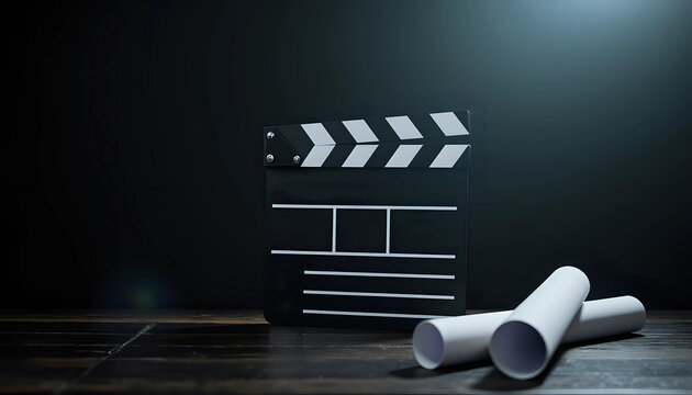 Clapperboard and Film Script on Dark Wooden Table