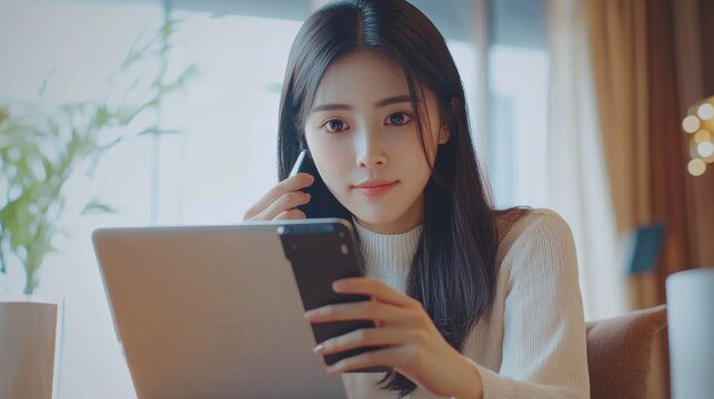 Closeup, business woman sitting at table using mobile smrt phone during working on laptop computer at home office. Young asian woman freelancer surfing the internet, online working from home