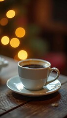 Warm cup of coffee sits on festive wooden table, table, warm, baking