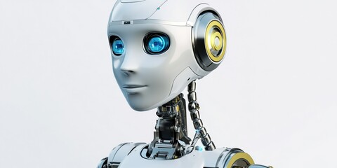 A close-up of a robot head with advanced electronic components. This futuristic design represents the cutting edge of artificial intelligence technology.