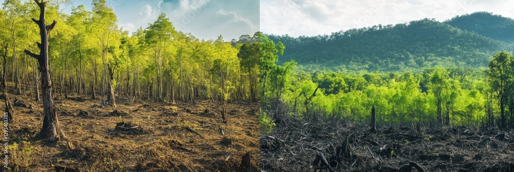 Aufkleber contrast between deforested land and thriving forest highlights the importance of nature conservatio