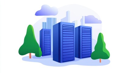 Blue Server Racks in Cityscape Illustration