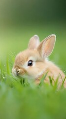Baby rabbit nestled in soft green grass, surrounded by dewdrops sparkling like jewels