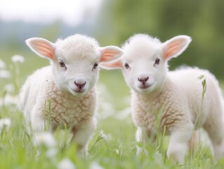 Obraz premium Baby lambs frolicking in a lush, rain-freshened meadow.