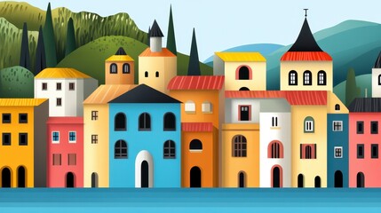 Colorful Waterfront Town nestled in Rolling Hills