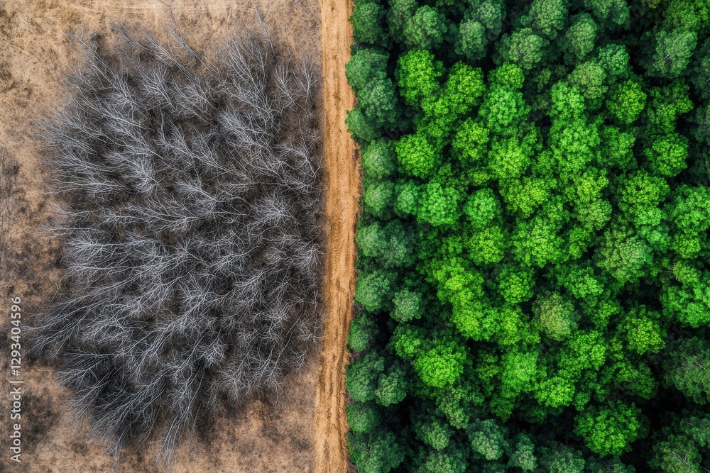 Aufkleber contrasting deforested land with dead trees and vibrant green thriving forest highlighting nature co