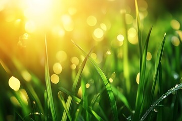 Fototapeta premium Close-Up of Fresh Green Grass in Warm Golden Sunlight with Dreamy Bokeh