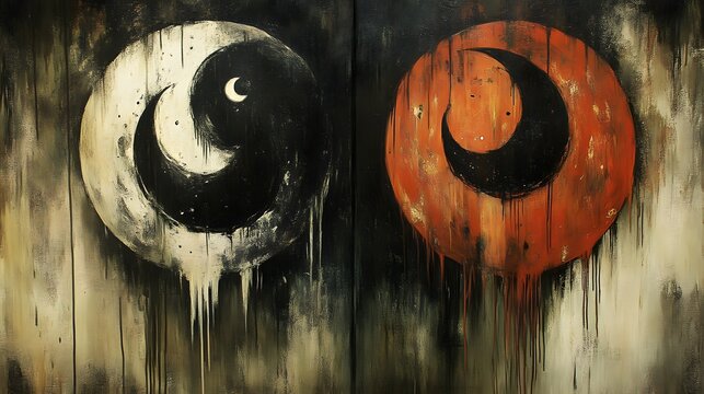 Yin and Yang Moons, Dark Wood Background