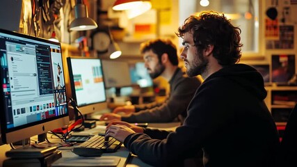 Two graphic designers are fully engaged in their work, surrounded by computer screens and a cozy atmosphere. Late-night creativity fuels their collaboration and artistic passion.