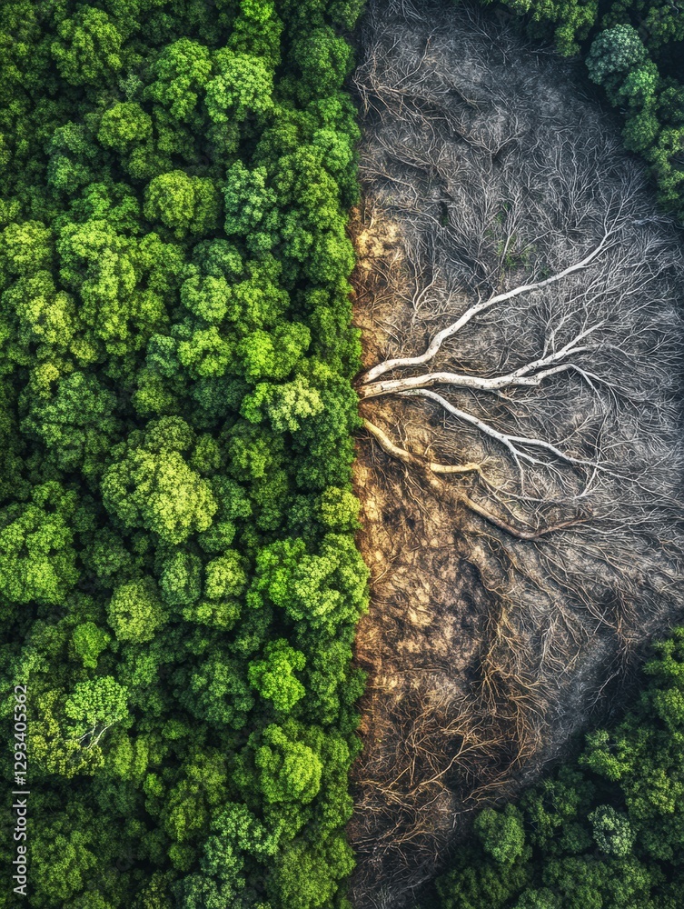 Aufkleber contrast of deforestation and thriving forest showcases nature conservation challenges. generative a