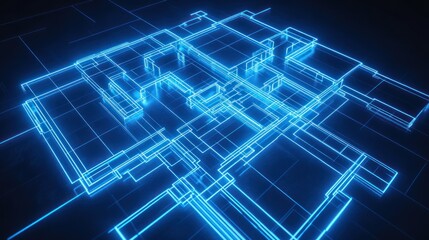 Glowing digital blueprint; futuristic architecture;  tech background; data visualization