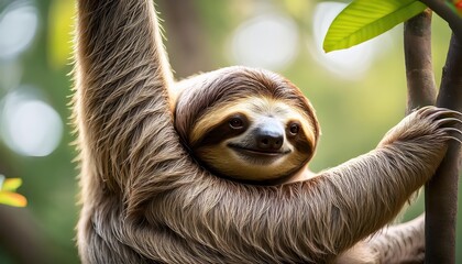 Fototapeta premium Intimate Portrait of a ThreeToed Sloth Cradled in the Canopy, A Rainforest Symphony of Greens Accented by Tropical Hues and Textures.