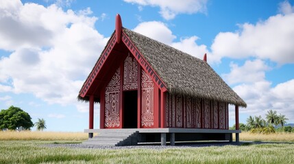 Fototapeta premium Red and White Traditional House in a Wildflower Field