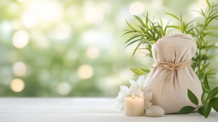 Natural Wellness Setup with Herbal Bag, Candles and Greenery