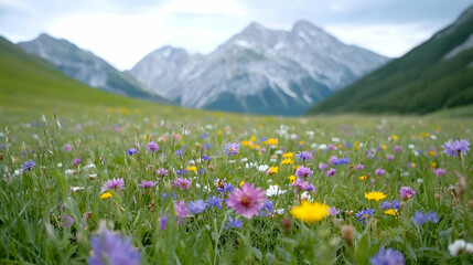 Mountain meadow wildflowers summer landscape, travel poster