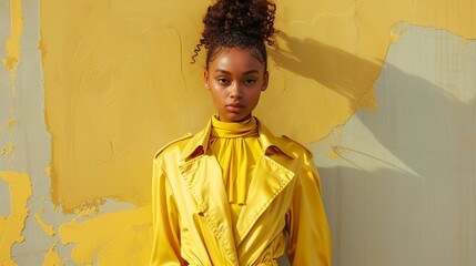 Radiant fashion in monochrome yellow aesthetic portrait image. Young african american woman posing against textured wall picture photorealistic. Fashionable model concept photo realistic