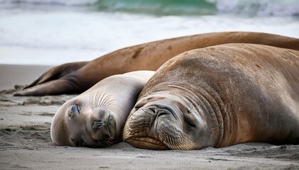 Naklejka premium Closeup of Two Elephant Seals Peacefully Sleeping on a Beach Shore, Capturing the Serene Beauty and Harmony of Natures Giants