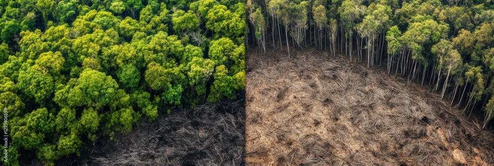 Aufkleber contrast between deforested land and thriving forest highlights urgent need for nature conservation 