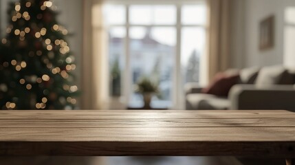 Empty wooden table top with a blurred bokeh background of a Christmas tree and window in a living room at home for product display, a winter theme concept