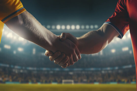 Handshake between rival soccer players on stadium field under bright stadium lights - Powered by Adobe