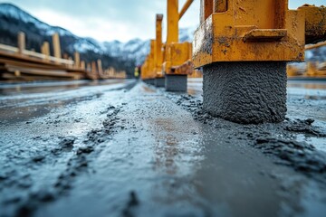 Construction site showcasing freshly poured concrete with machinery in a mountainous landscape during overcast weather