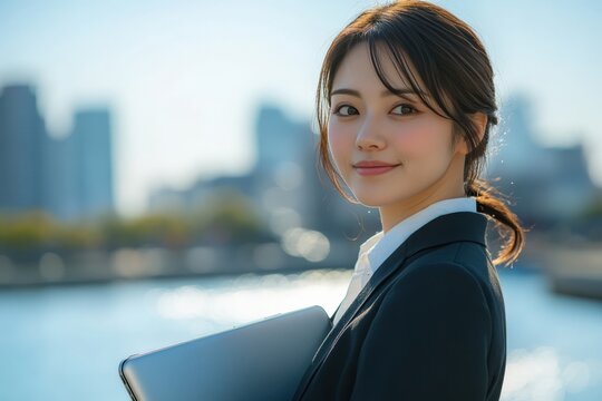 Young Asian Woman in Professional Attire Holding a Laptop by the Waterfront in an Urban Cityscape, Conveying Confidence and Modernity