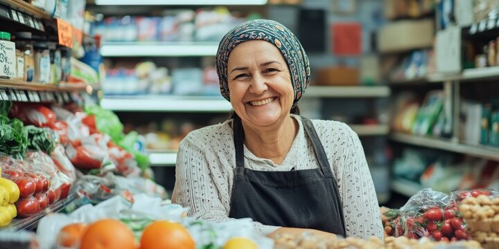 A happy grocery store employee smiling at customers.