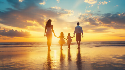 Family silhouette at beach, mother and father with kids holding hands at sea, summer vacation