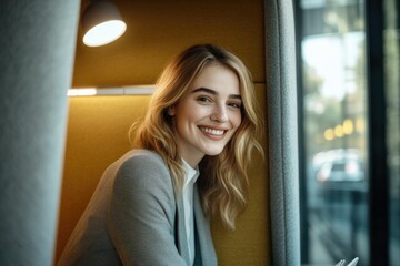 Fototapeta premium Happy smiling woman sitting by window in urban office environment.
