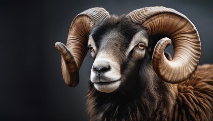 Detailed Portrait of a Majestic Ram with Curved Horns, Focusing on Intricate Textures and Expressive Muzzle in the Highlands, Capturing the Strength and Grace of the Scottish Wilderness.