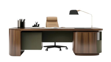 Modern Executive Wooden Office Desk Design 3d work lamp home isolated on transparent background
