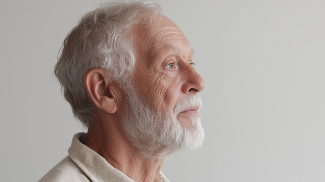 Close-up portrait of elderly man with wrinkles, profile, looking away, gray hair, side view