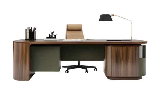 Modern Executive Wooden Office Desk Design 3d work lamp home isolated on transparent background
