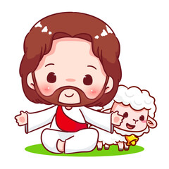 Cute Jesus and the lamb chibi cartoon character. Christian Catholic concept design. Vector icon mascot illustration.